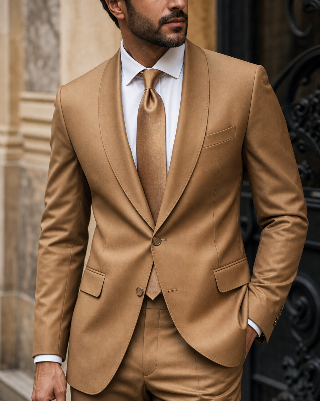 Honey Silk Blend Shawl Lapel Suit - Custom Made to Measure lapel chest close up