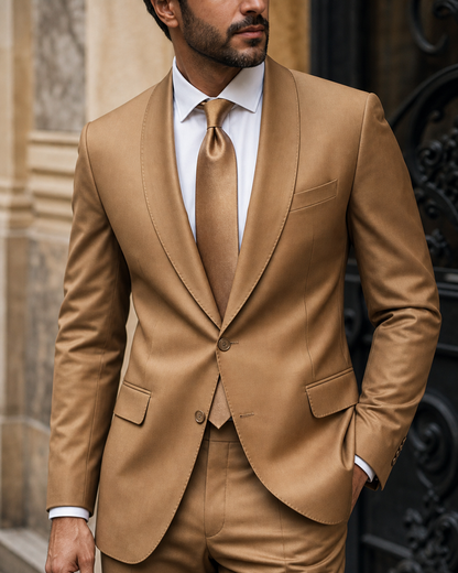 Honey Silk Blend Shawl Lapel Suit - Custom Made to Measure lapel chest close up