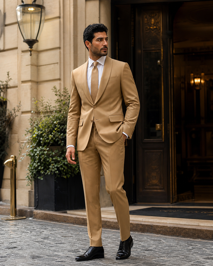 Honey Silk Blend Shawl Lapel Suit - Custom Made to Measure side three quarter view