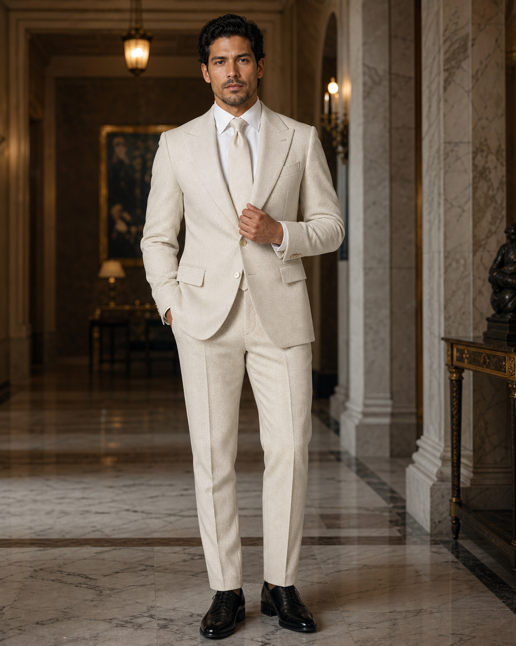 Ivory Herringbone Winter Suit - Custom Made to Measure front view