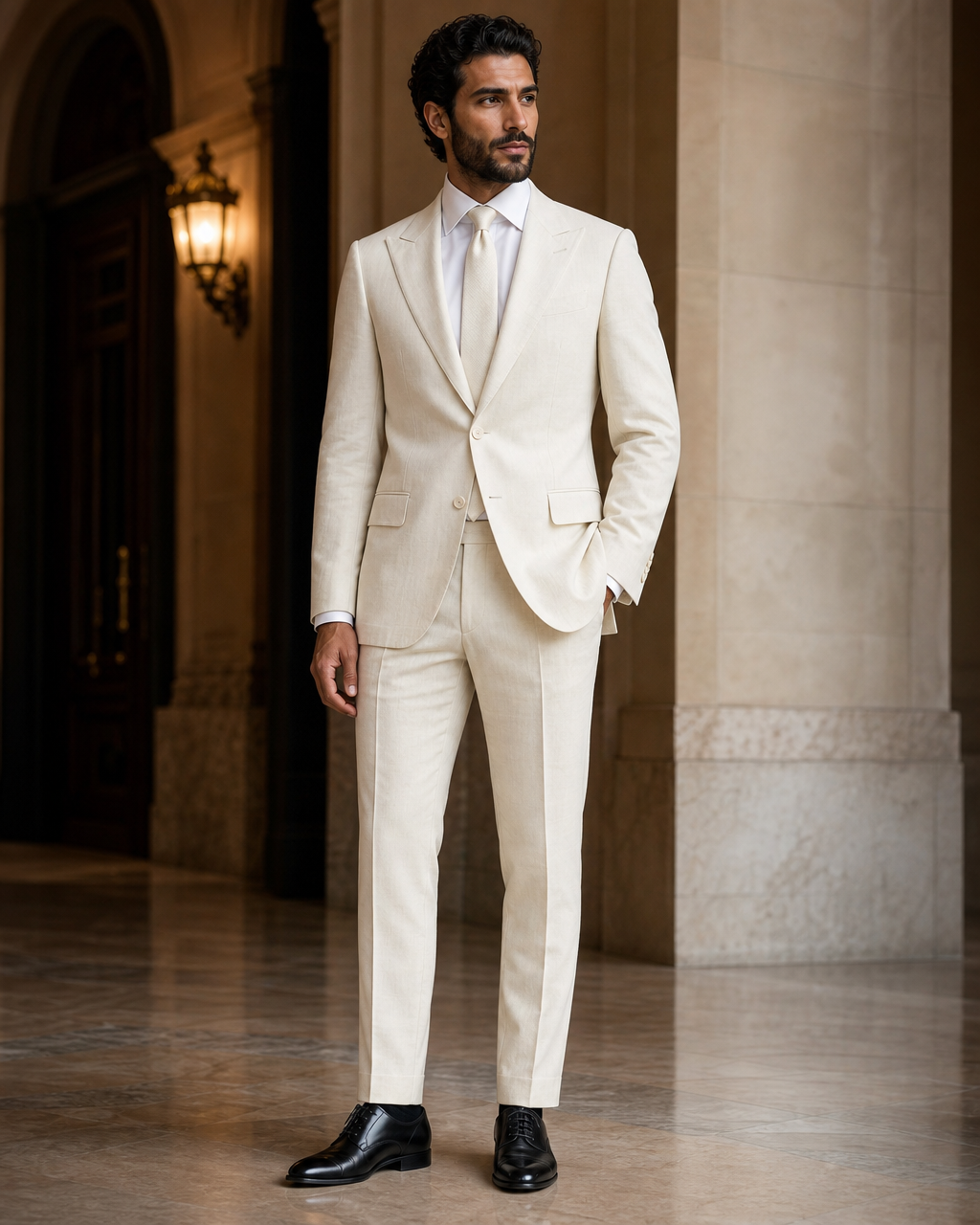 Ivory Linen Beach Wedding Suit - Custom Made to Measure side back view