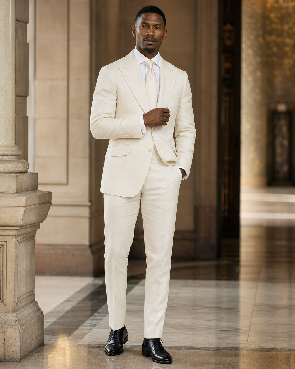 Ivory Linen Outdoor Wedding Suit - Custom Made to Measure front view