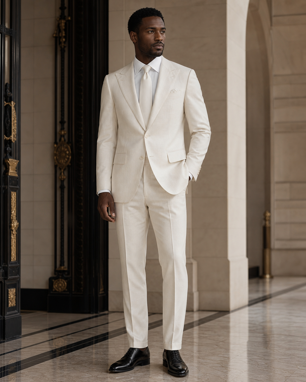 Ivory Linen Outdoor Wedding Suit - Custom Made to Measure side back view