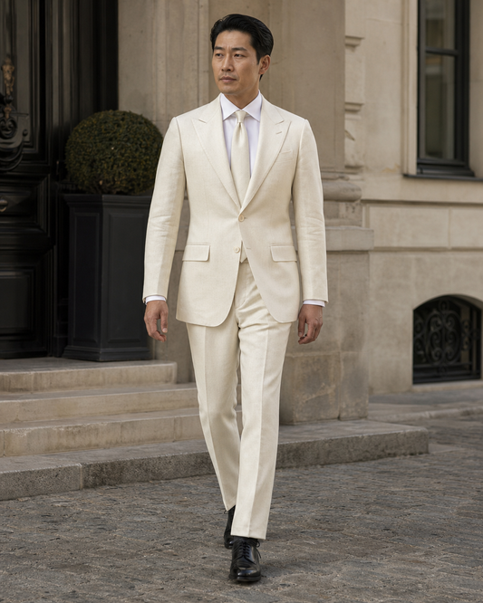 Ivory Linen Peak Lapel Suit - Custom Made to Measure front view