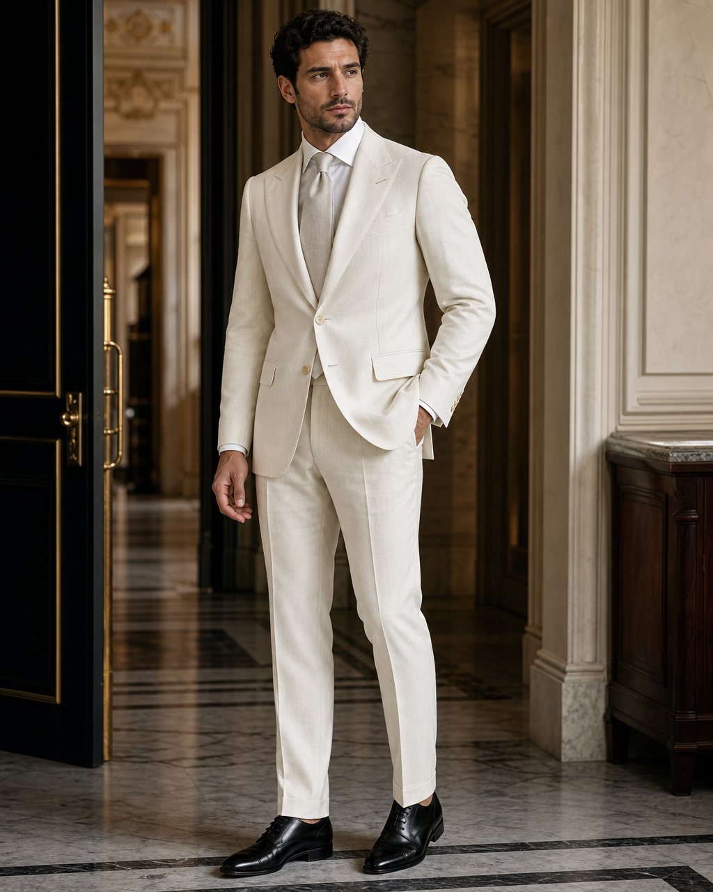 Ivory Linen Summer Suit - Custom Made to Measure side back view