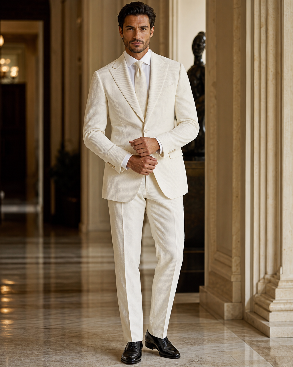 Ivory Seersucker Beach Wedding Suit - Custom Made to Measure front view