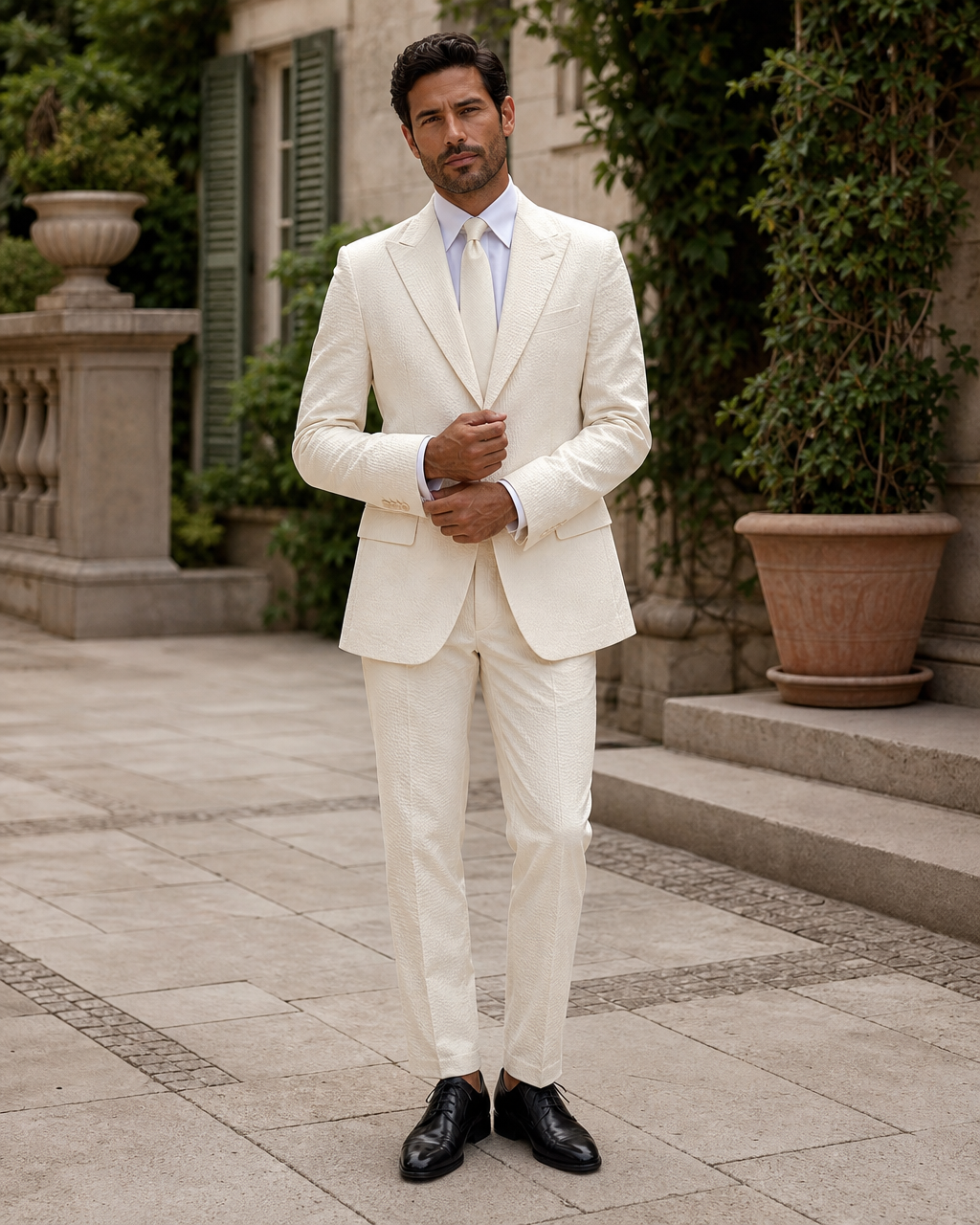 Ivory Seersucker Outdoor Wedding Suit — Custom Made to Measure front view