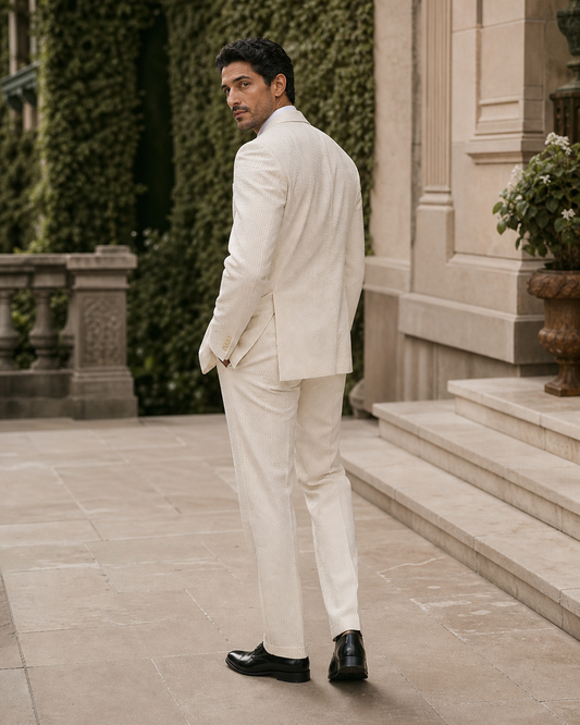 Ivory Seersucker Outdoor Wedding Suit — Custom Made to Measure side back view