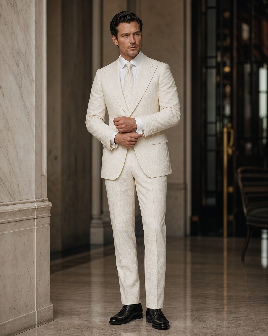 Ivory Seersucker Summer Suit - Custom Made to Measure front view