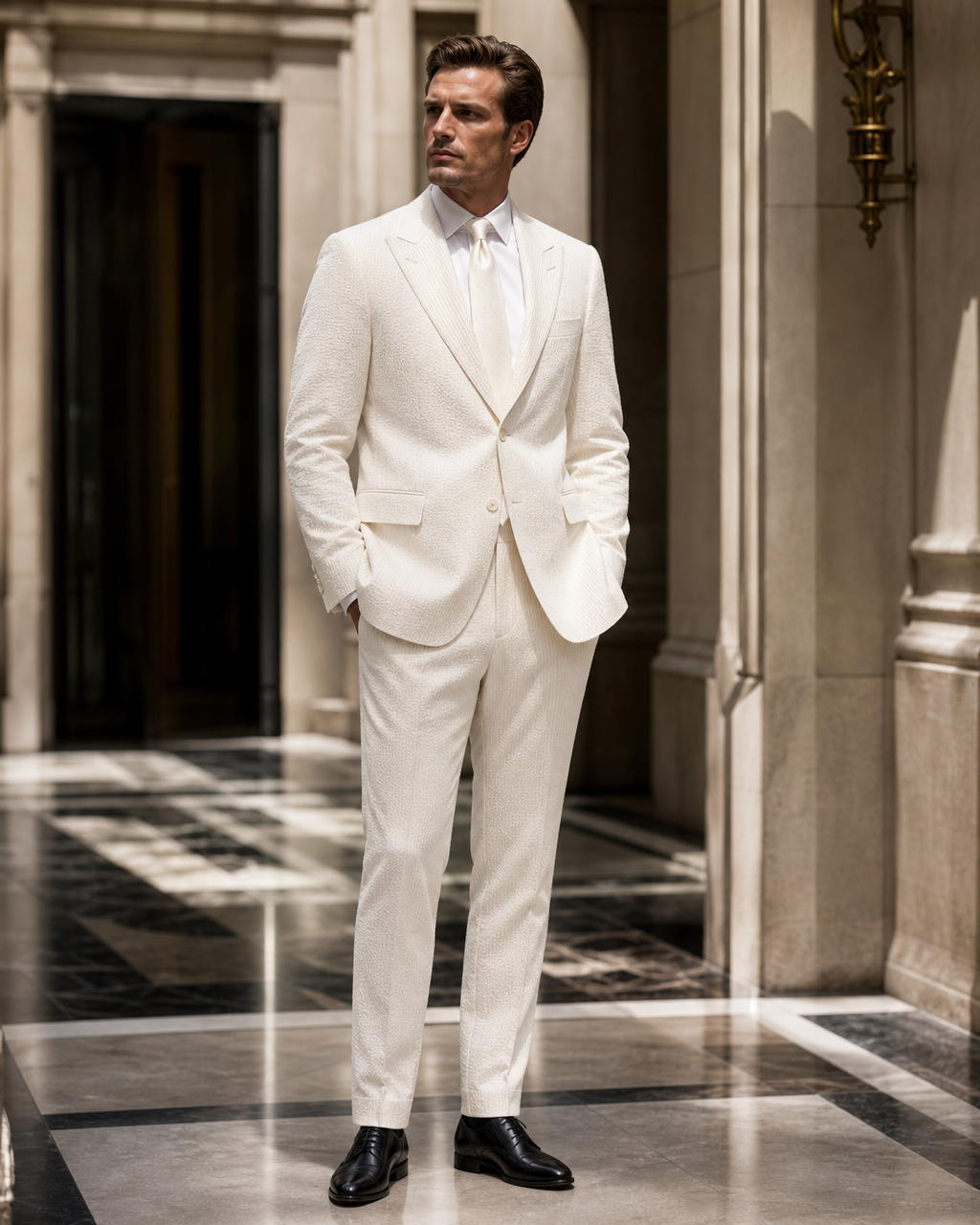 Ivory Seersucker Summer Suit - Custom Made to Measure side back view
