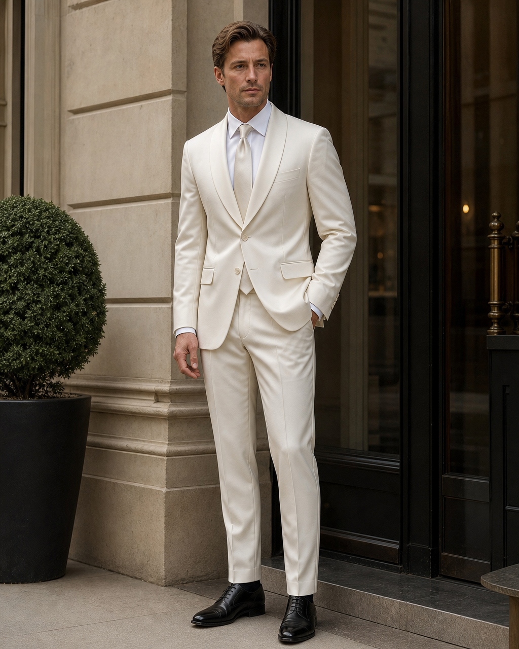 Ivory Silk Blend Shawl Lapel Suit - Custom Made to Measure fabric texture close up