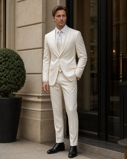 Ivory Silk Blend Shawl Lapel Suit - Custom Made to Measure fabric texture close up