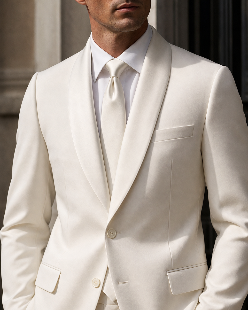 Ivory Silk Blend Shawl Lapel Suit - Custom Made to Measure lapel chest close up