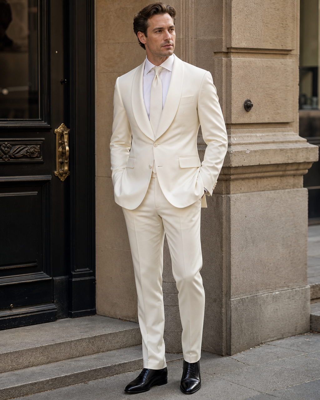 Ivory Silk Blend Shawl Lapel Suit - Custom Made to Measure side three quarter view
