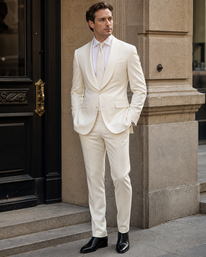 Ivory Silk Blend Shawl Lapel Suit - Custom Made to Measure side three quarter view