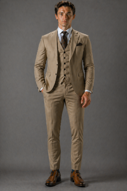Khaki Cotton Slim Fit Suit — Custom Made to Measure