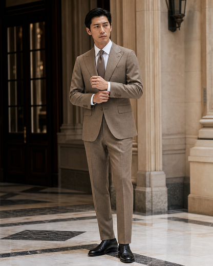 Khaki Cashmere Blend Winter Suit - Custom Made to Measure front view