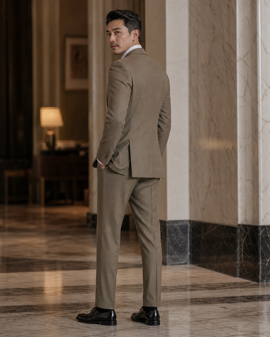 Khaki Cashmere Blend Winter Suit - Custom Made to Measure side back view