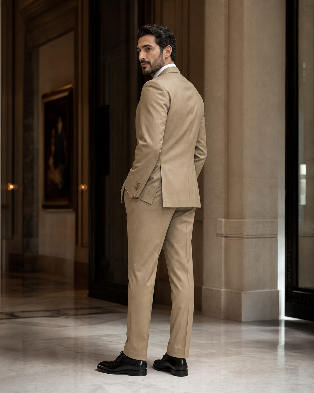 Khaki Cotton Outdoor Wedding Suit - Custom Made to Measure side back view
