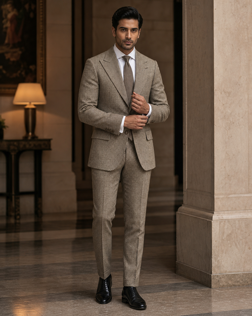Khaki Herringbone Winter Suit - Custom Made to Measure front view
