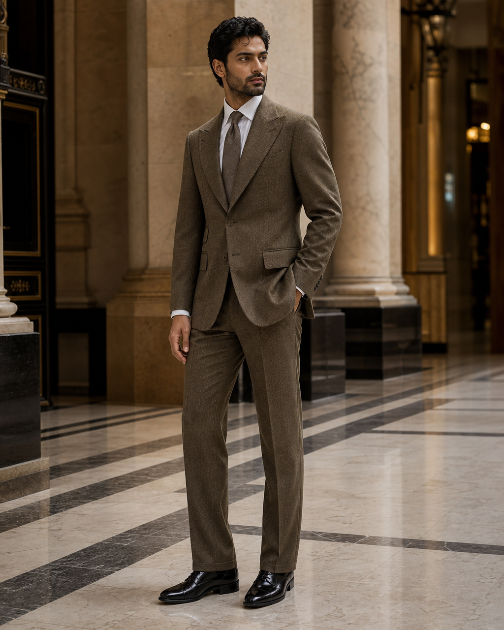 Khaki Herringbone Winter Suit - Custom Made to Measure side back view