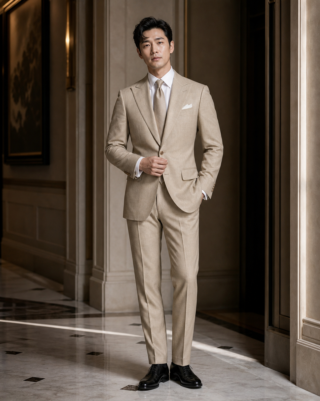 Khaki Linen Beach Wedding Suit - Custom Made to Measure front view