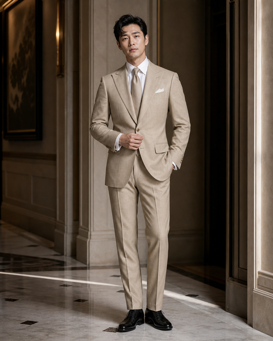 Khaki Linen Beach Wedding Suit - Custom Made to Measure front view