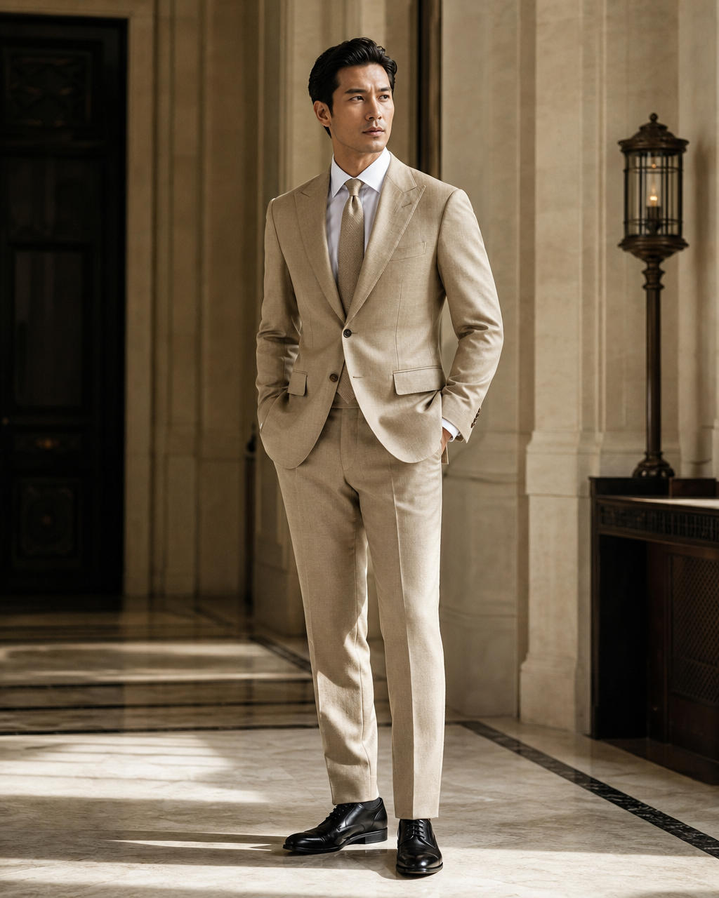 Khaki Linen Beach Wedding Suit - Custom Made to Measure side back view
