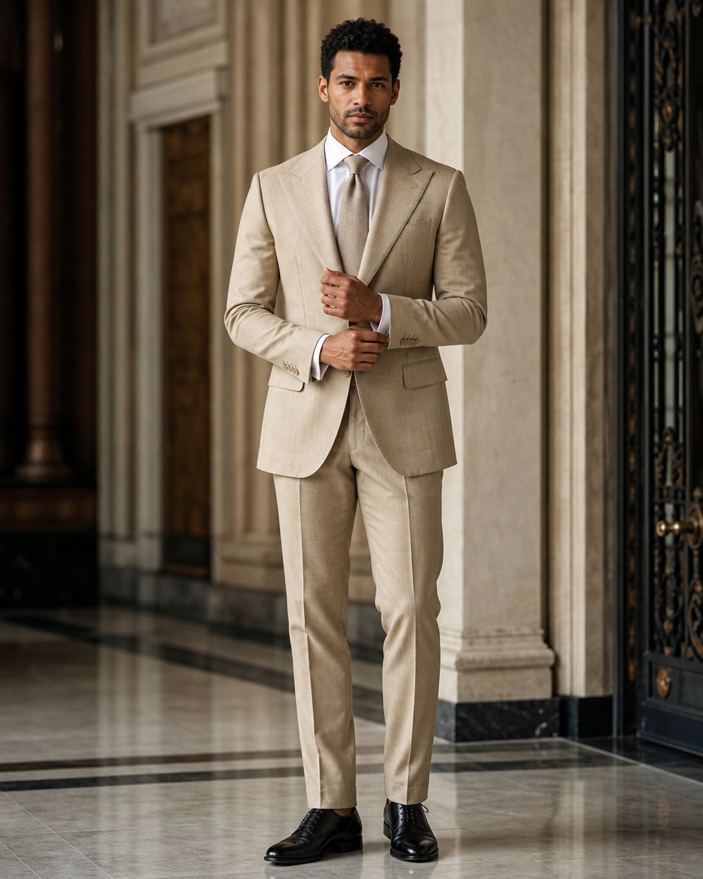 Khaki Linen Outdoor Wedding Suit - Custom Made to Measure front view