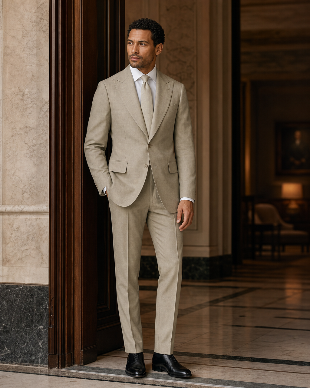 Khaki Linen Outdoor Wedding Suit - Custom Made to Measure side back view
