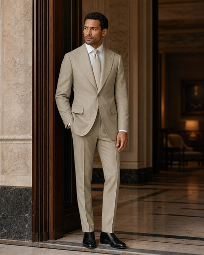 Khaki Linen Outdoor Wedding Suit - Custom Made to Measure side back view