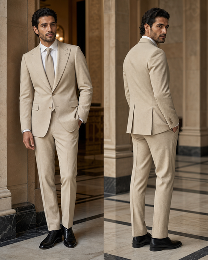 Khaki Seersucker Beach Wedding Suit - Custom Made to Measure side back view