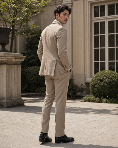 Khaki Seersucker Outdoor Wedding Suit — Custom Made to Measure side back view
