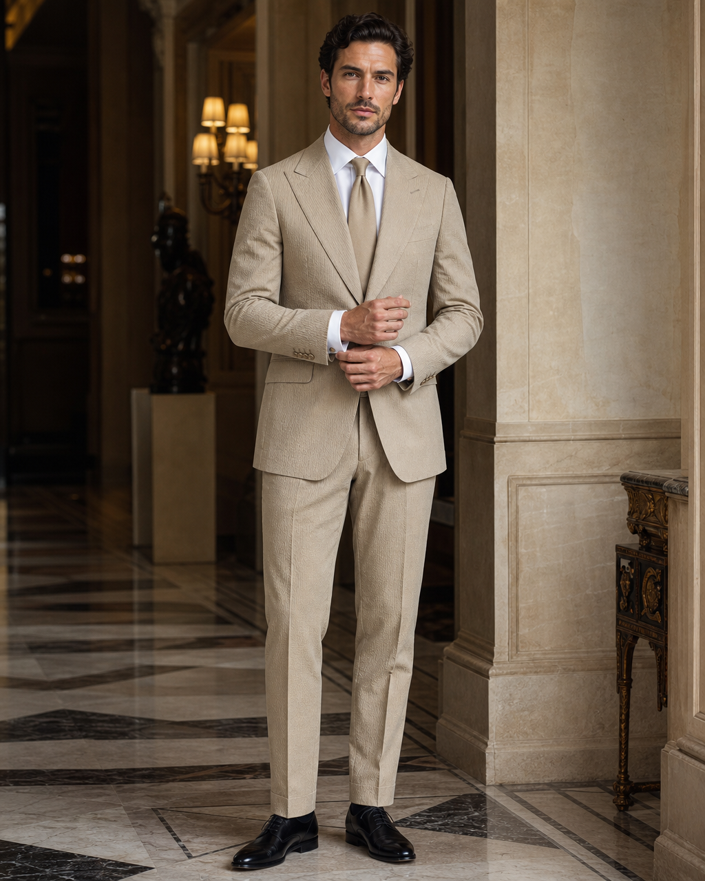 Khaki Seersucker Summer Suit - Custom Made to Measure front view
