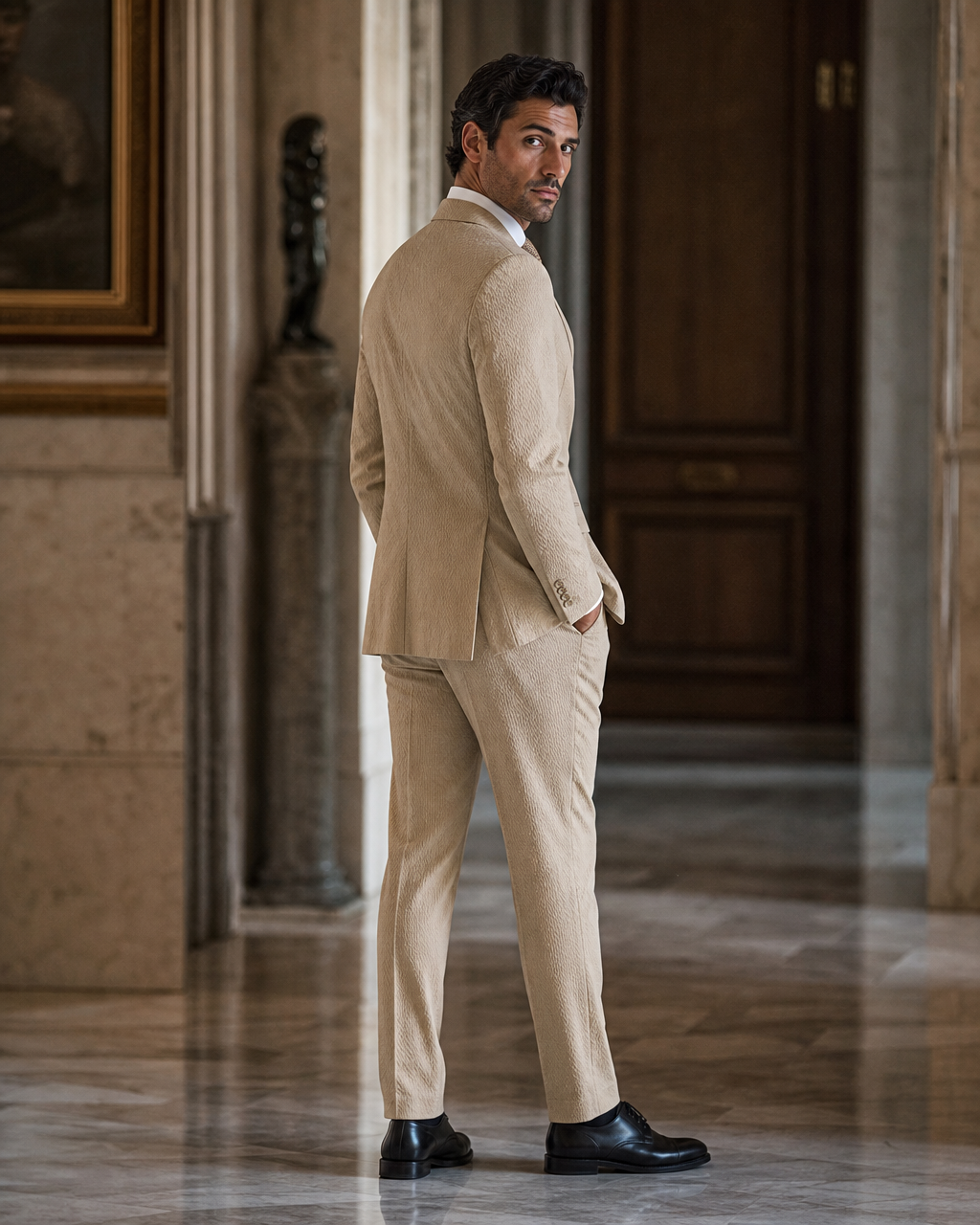 Khaki Seersucker Summer Suit - Custom Made to Measure side back view