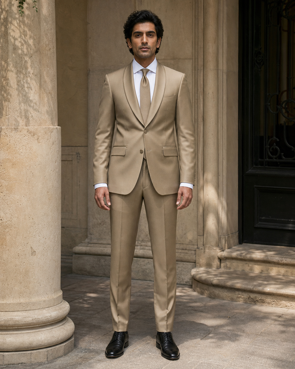 Khaki Silk Blend Shawl Lapel Suit - Custom Made to Measure front view