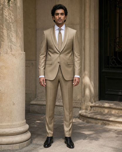 Khaki Silk Blend Shawl Lapel Suit - Custom Made to Measure front view
