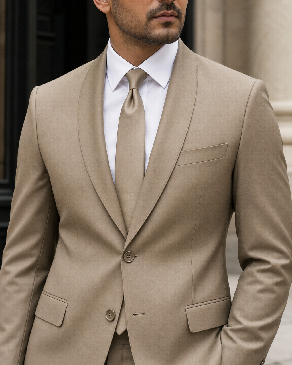 Khaki Silk Blend Shawl Lapel Suit - Custom Made to Measure lapel chest close up