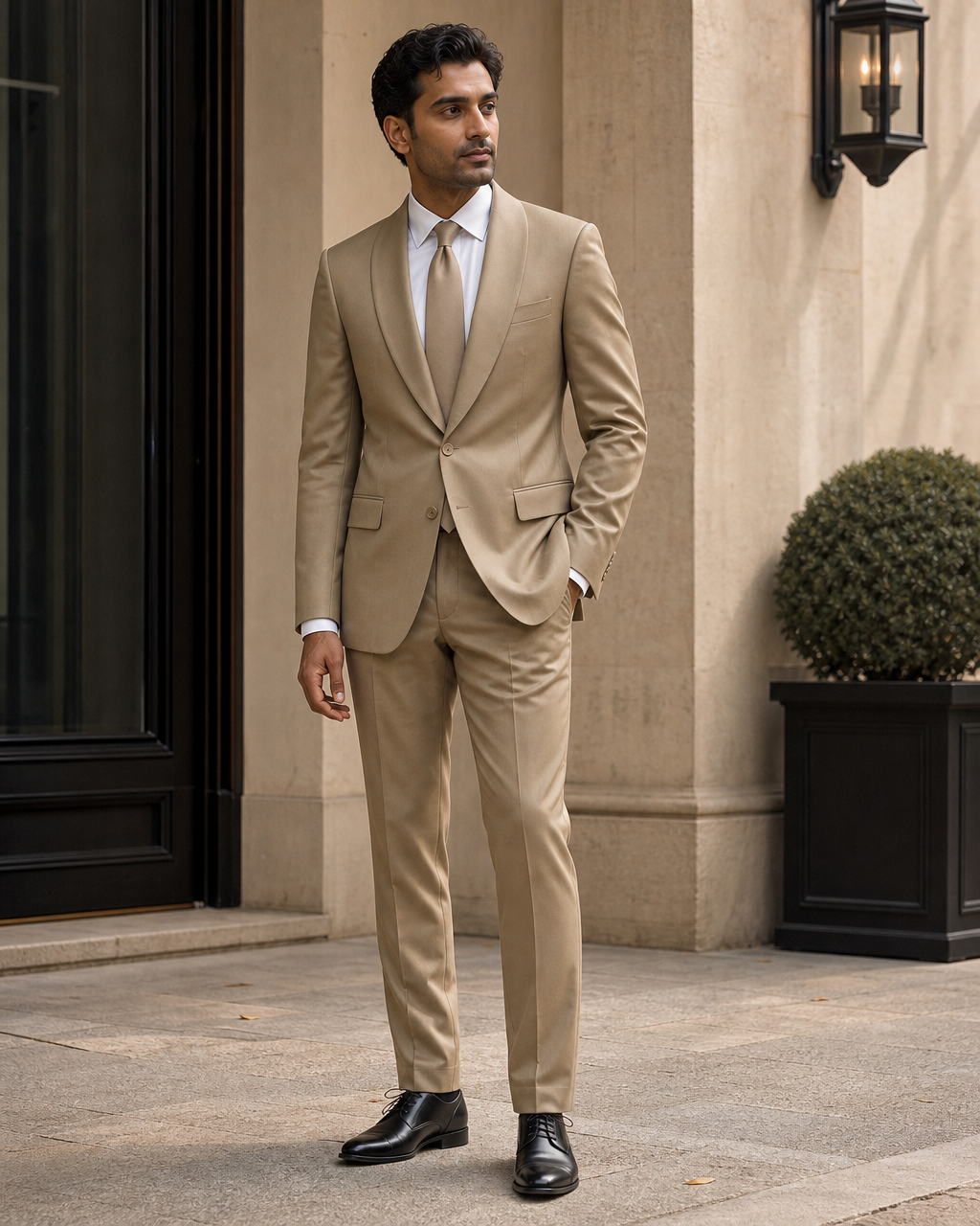 Khaki Silk Blend Shawl Lapel Suit - Custom Made to Measure side three quarter view