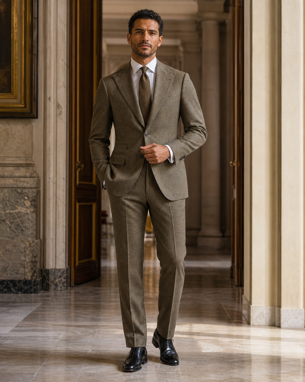 Khaki Tweed Winter Suit - Custom Made to Measure front view