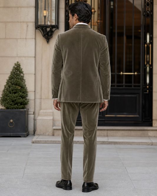 Khaki Velvet Shawl Lapel Suit - Custom Made to Measure back view