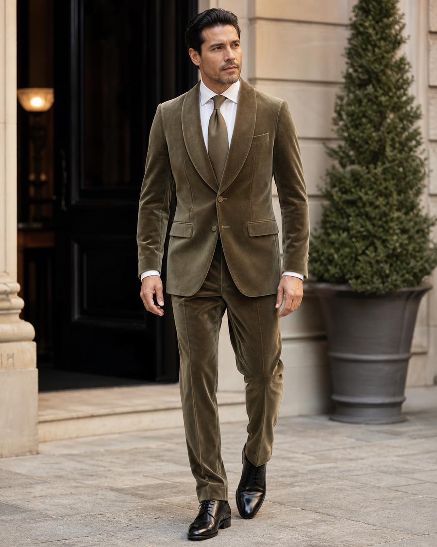 Khaki Velvet Shawl Lapel Suit — Custom Made to Measure