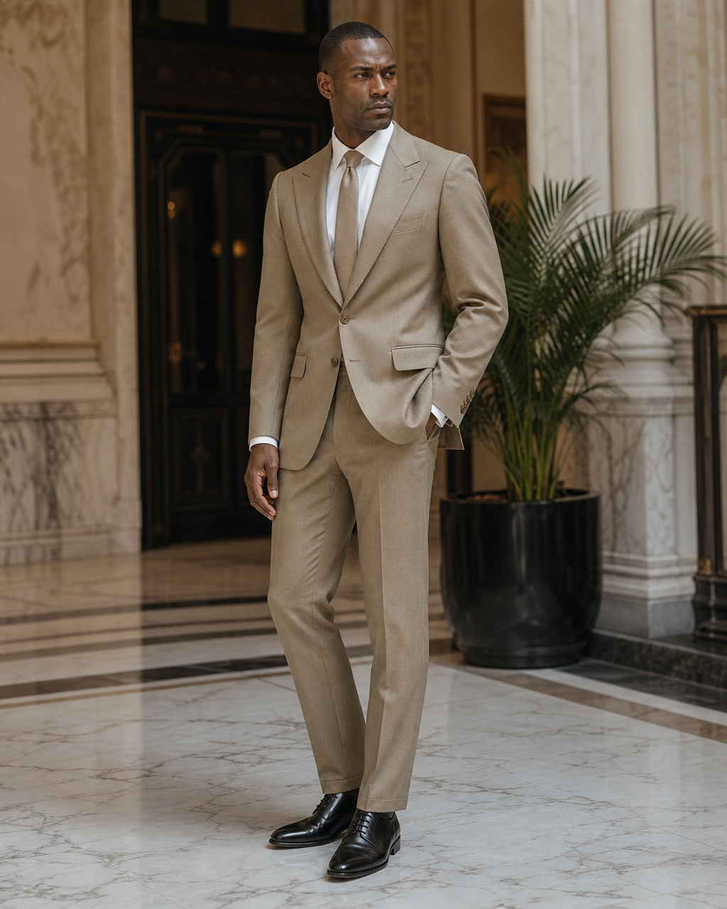 Khaki Wool Outdoor Wedding Suit - Custom Made to Measure side back view