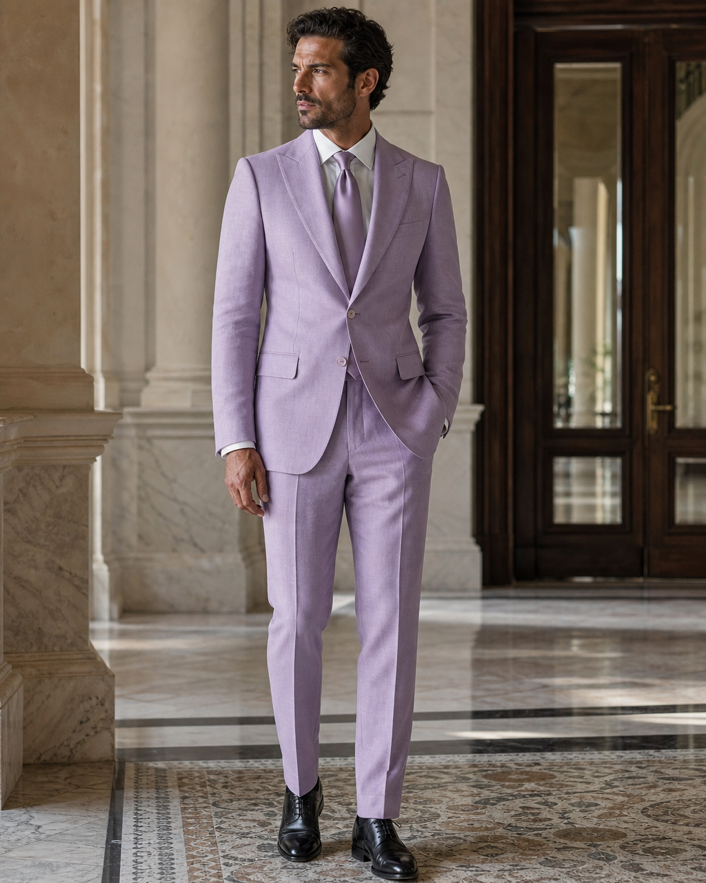 Lavender Linen Outdoor Wedding Suit - Custom Made to Measure side back view