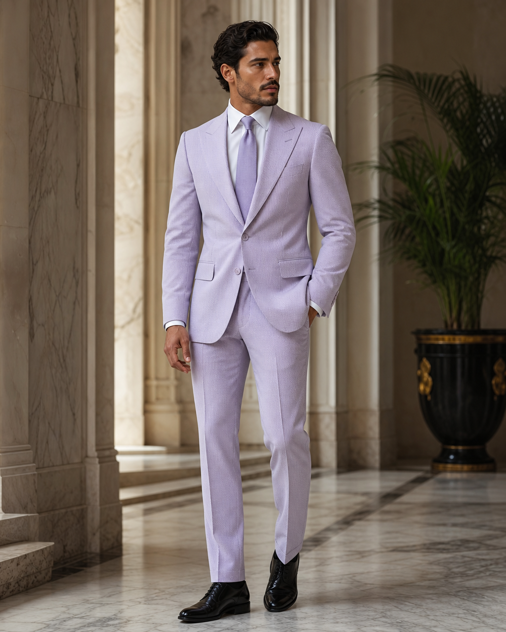 Lavender Seersucker Summer Suit - Custom Made to Measure side back view