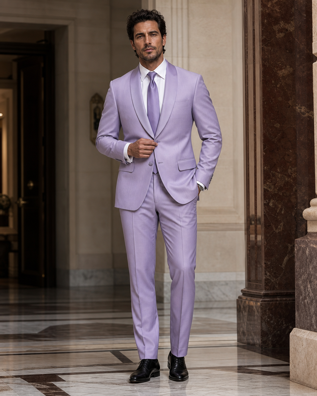 Lavender Silk Blend Shawl Lapel Suit - Custom Made to Measure front view