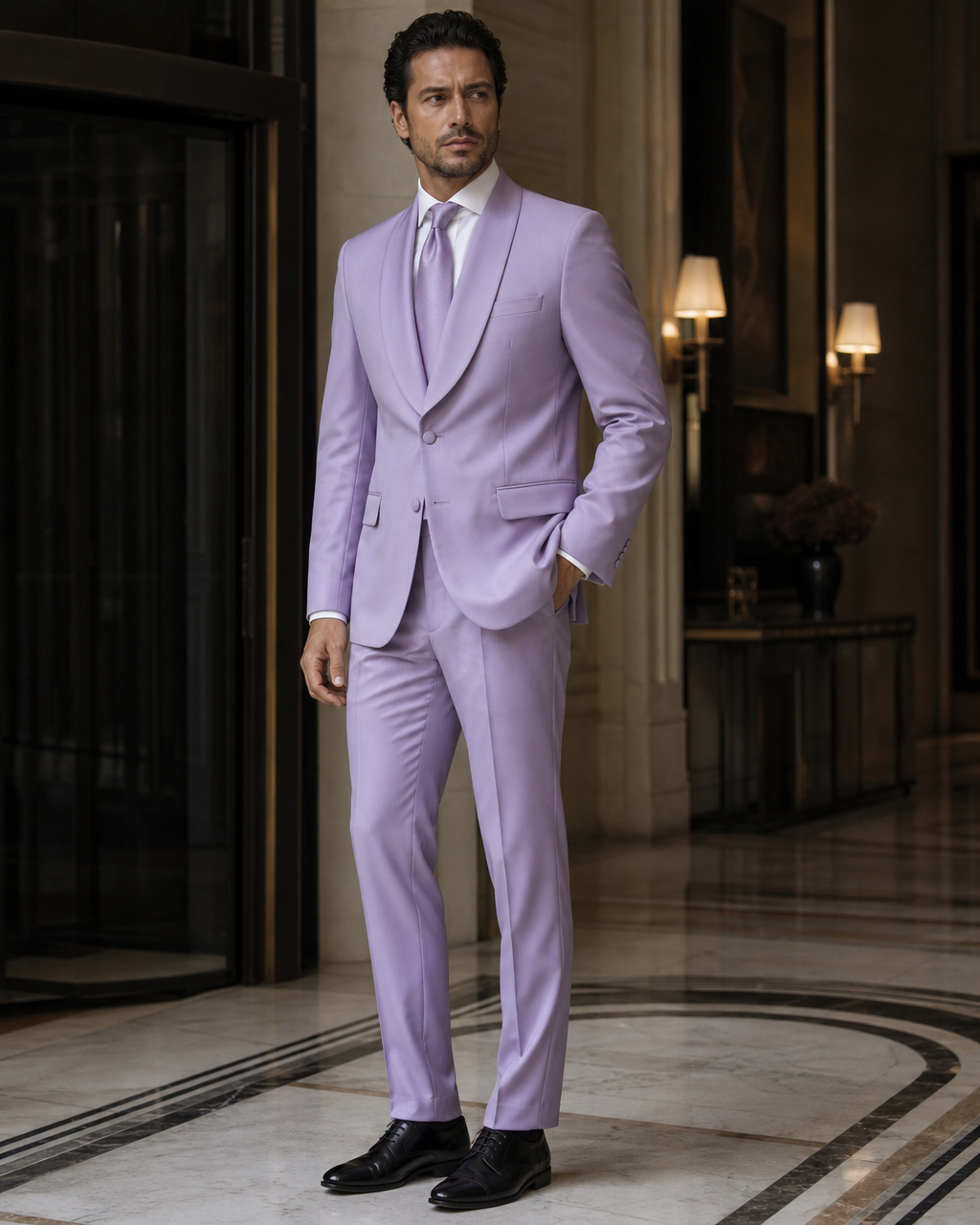 Lavender Silk Blend Shawl Lapel Suit - Custom Made to Measure side back view