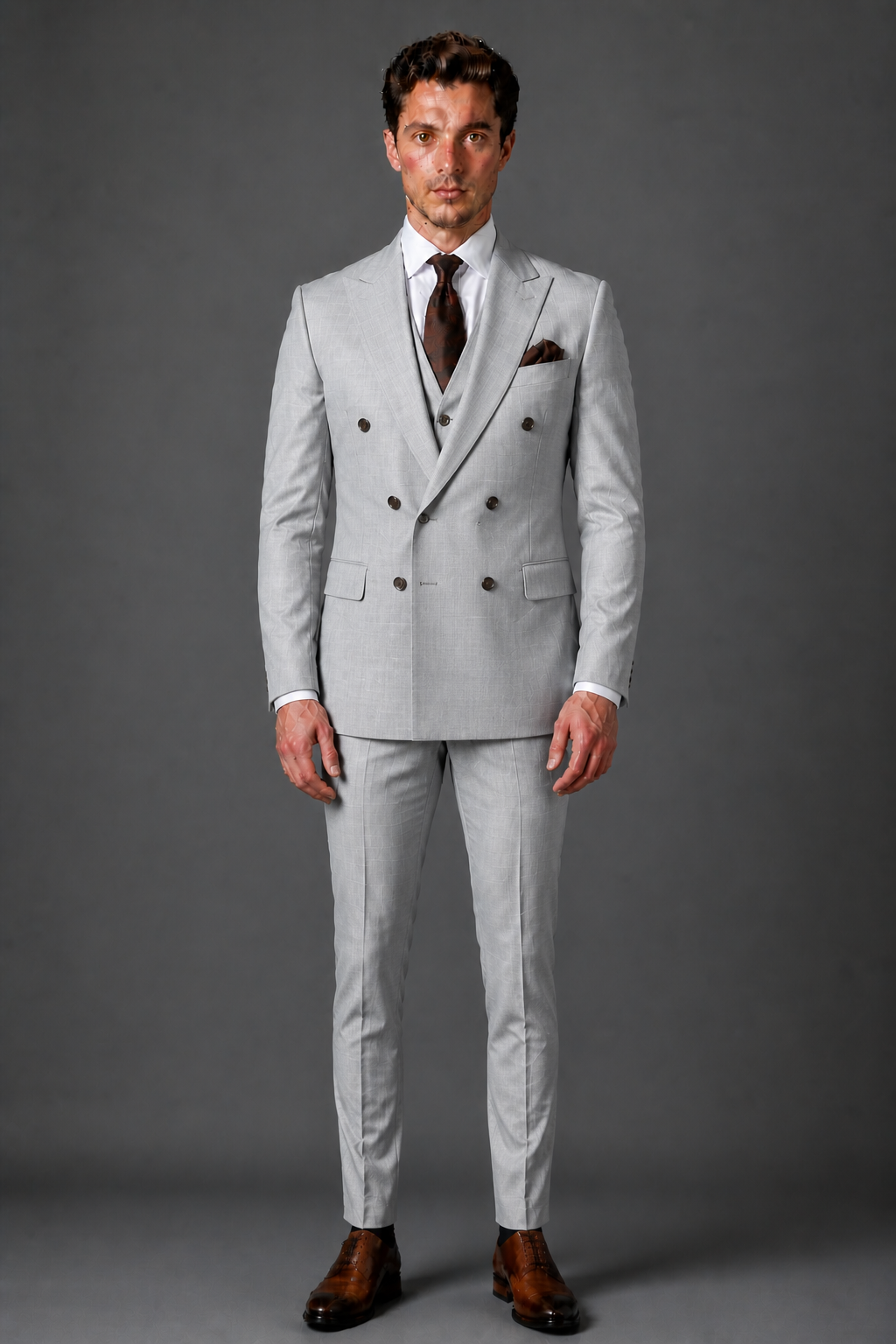 Light Gray Silk Blend Double Breasted Suit — Custom Made to Measure