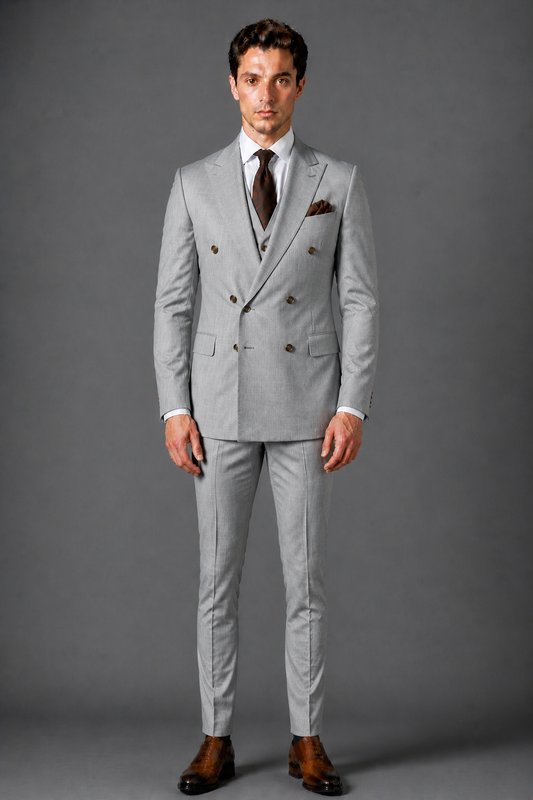 Light Grey Silk Blend Double Breasted Suit — Custom Made to Measure