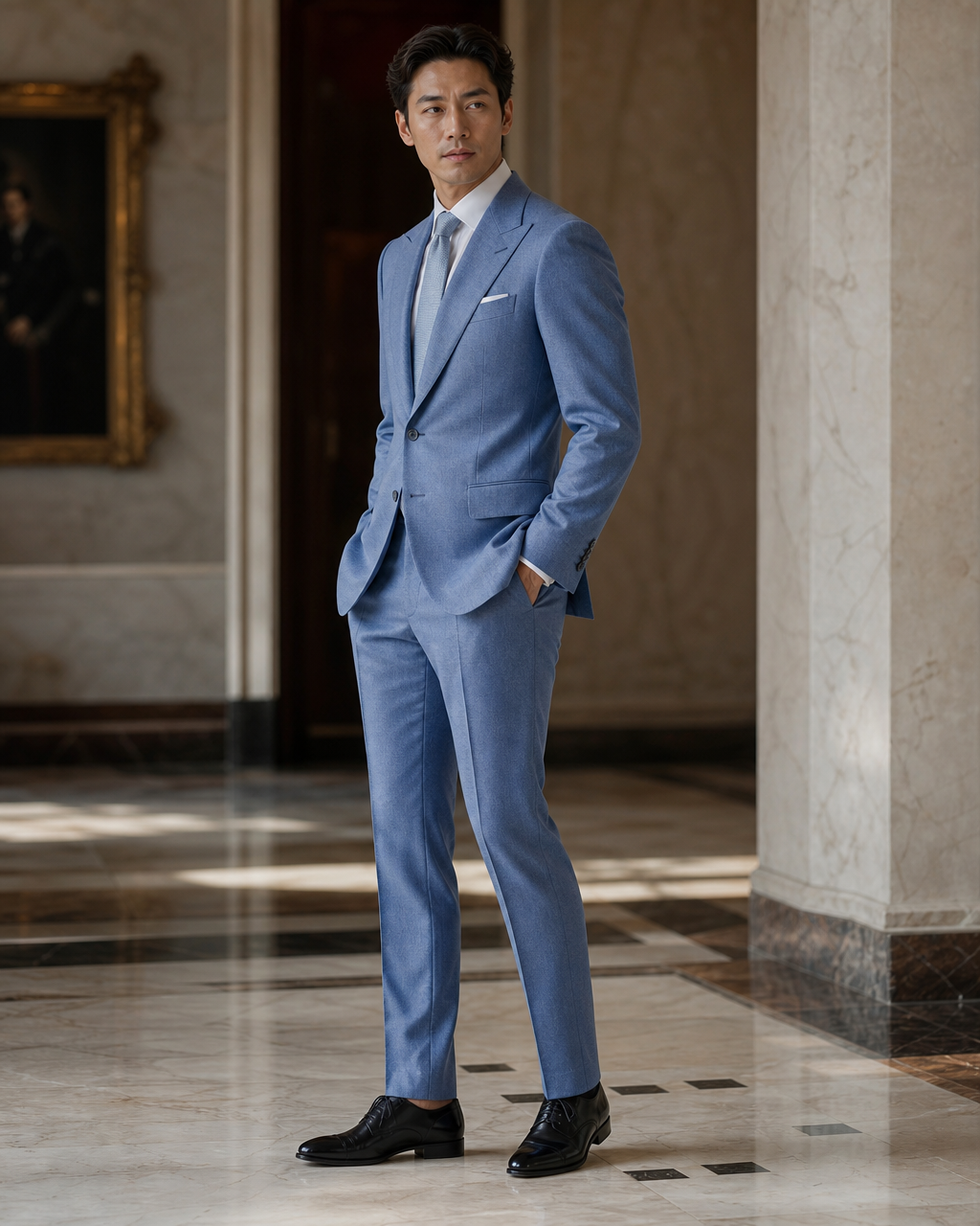 Light Blue Cashmere Blend Winter Suit - Custom Made to Measure side back view